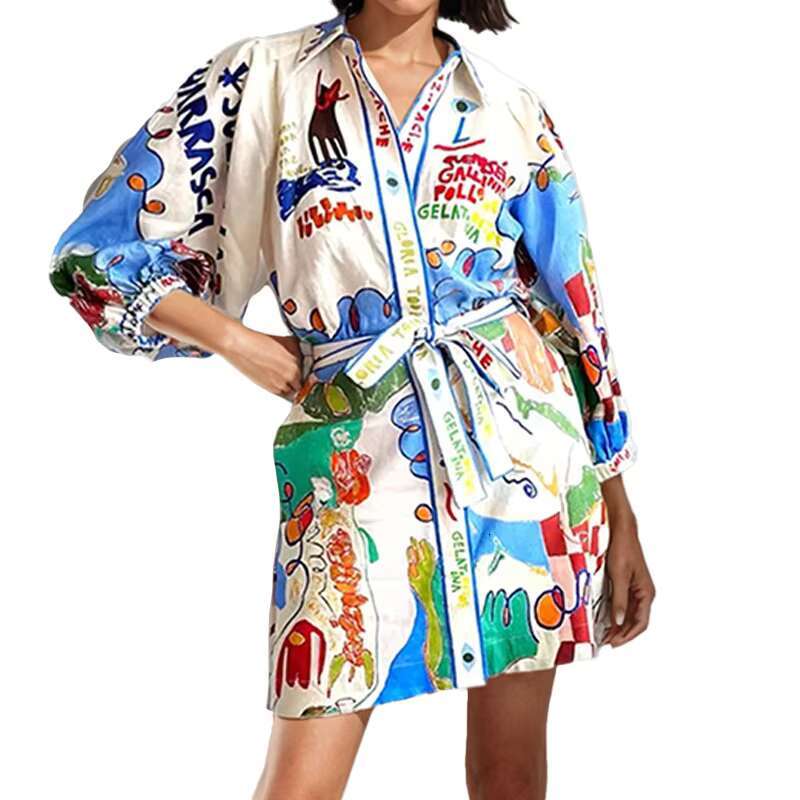 Womens Fashion Printed Shirt Lace-up Dress 2025 Spring New Female Casual Loose Lapel Button Cardigan Short Dresses Vestidos dongdumaoyi