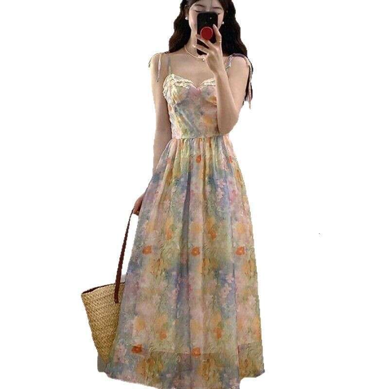 French Gentle Style Waist-Cinching Slimming Strap For Women Spring Summer Unique Distinctive Gradient Floral Long Dress B5
