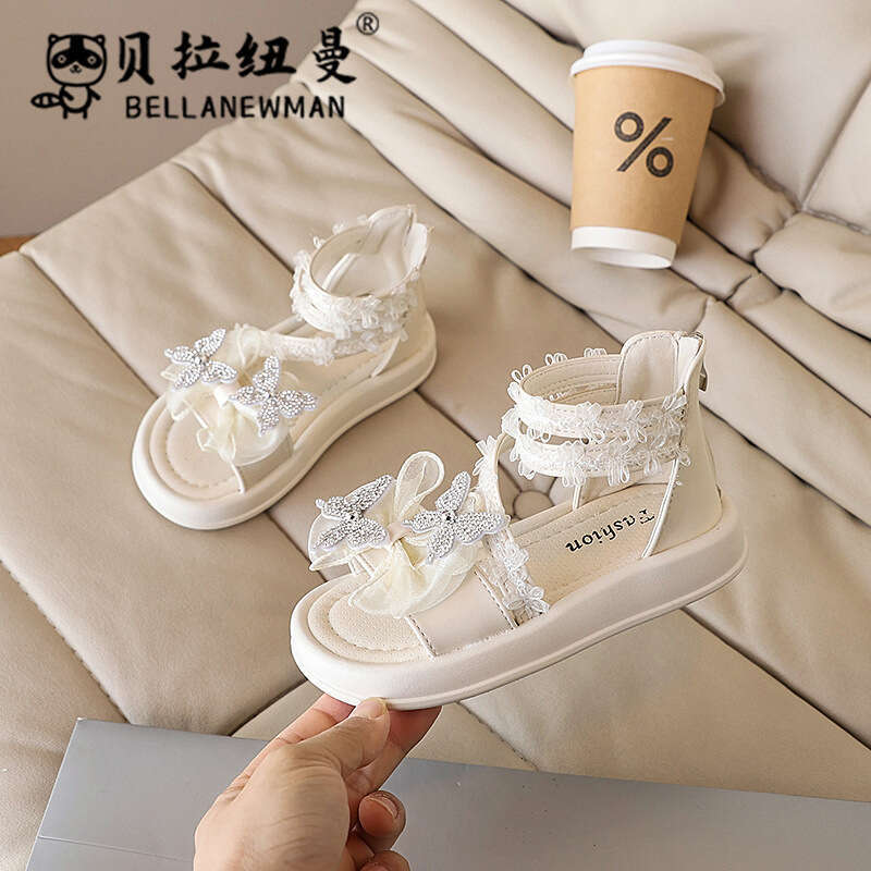 Girls' Fashion Roman 2025 Summer New Korean Style Children's Butterfly Rhinestone Princess Shoes Soft Sole Beach Sandals