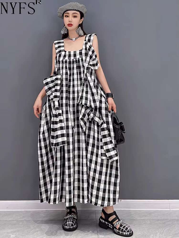 NYFS 2025 Summer New Plaid Dresses Backless Sleeveless Patchwork Bow Small Fresh Minority Elegant Loose Plus Size Long Dress dongdumaoyi