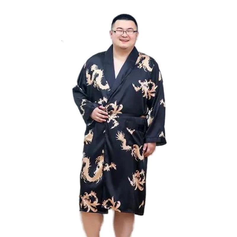 Men Silky Satin Kimono Robe 2PC 7XL Long Sleeve Shorts Set Soft Dragon Dressing Gown Bathrobe Sleeprobe Male Lounge Home Wear 250710