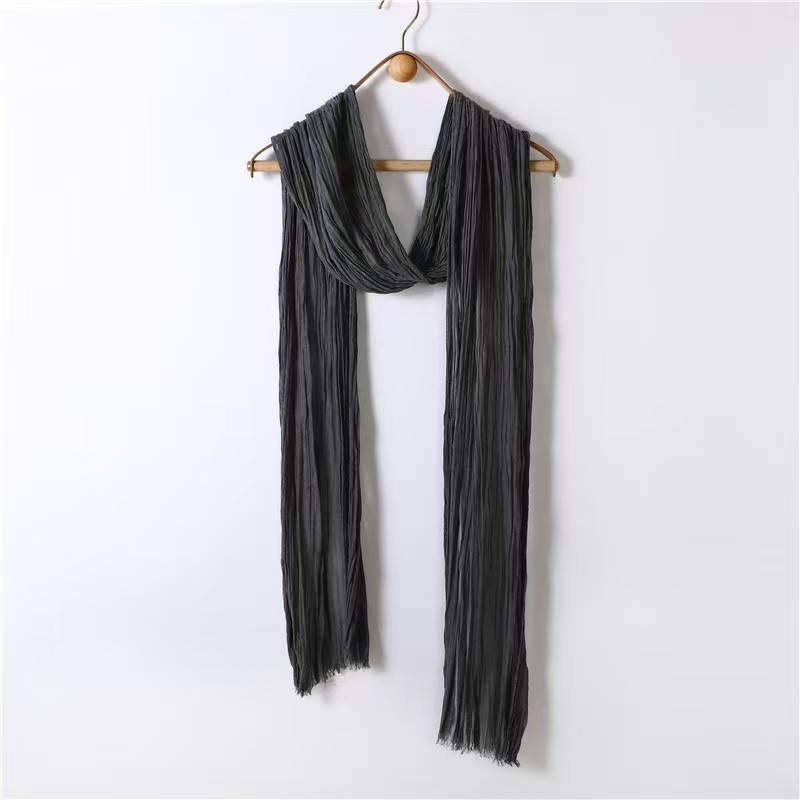 T1213 Spring and Summer Pure Color Washed Zen All-match Tassel Tie-dyed Cotton Slim Strip Flowing Scarf Pleated Cotton and Linen Scarf