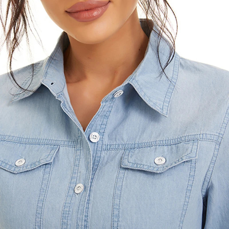Streetwear Light Blue Cotton Thin Basic Shirts Jeans Woman 2024 Spring Long Sleeve Denim Blouses Ladies Tops Clothes 250704