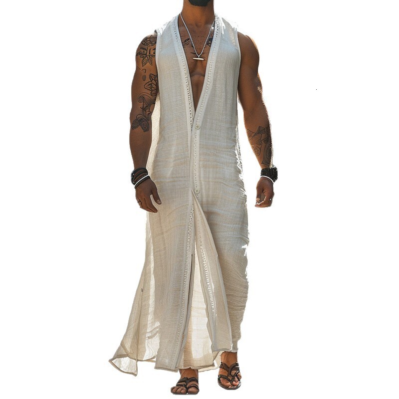 Vacation Style Men's Casual Sleeveless Button Cardigan Long Robe ddmysept ddmysept