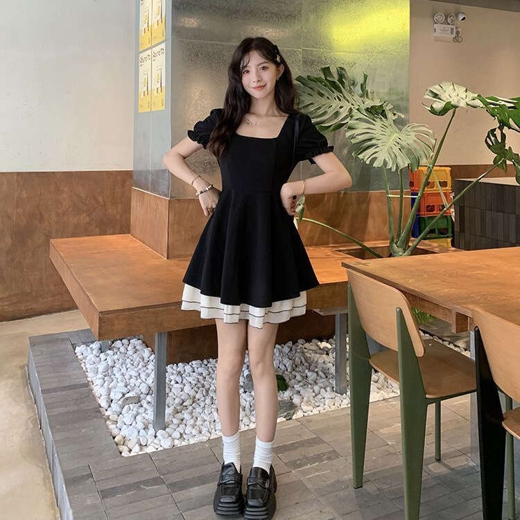 Hepburn Style Black French For Women Summer New Small Petite Elegant Waist-Cinching High-End Short Dress B5