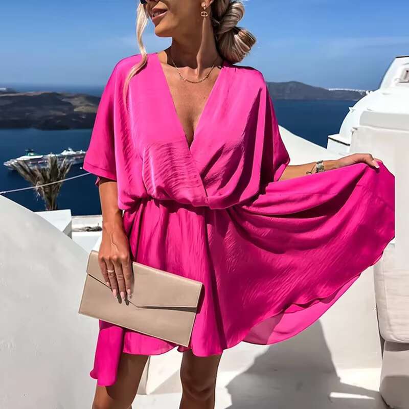 Sexy V Neck Dresses For Elegant Short Sleeve Solid A-line Loose Mini Women Casual Beach Party Dress Boho 2022 dongdumaoyi