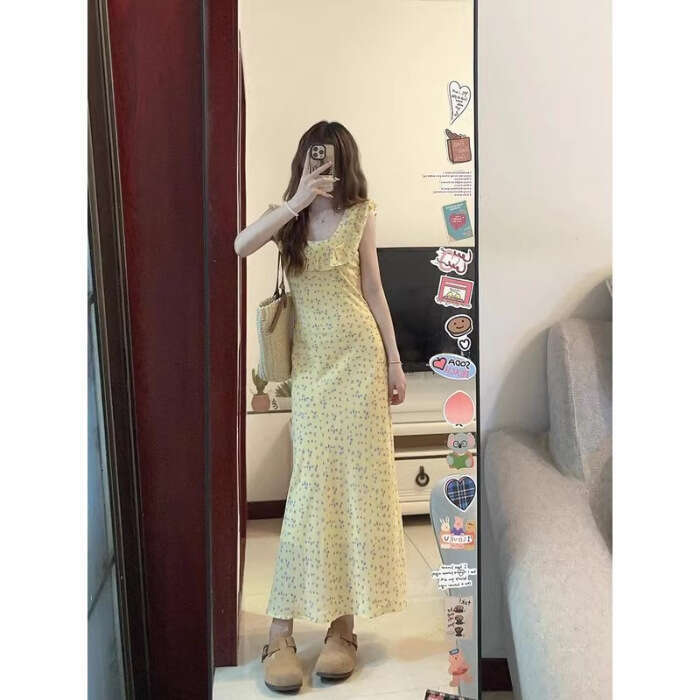 French Sweet Blue Polka Dot For Women Summer New Elegant Waist-Cinching Small Flutter Sleeve Mermaid Long Dress B5