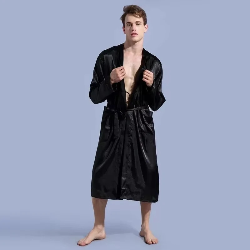Mens Satin Kimono Robe Silky Long Bathrobe Pockets Lightweight Loungewear Men Dressing Gown Wedding Party 250710