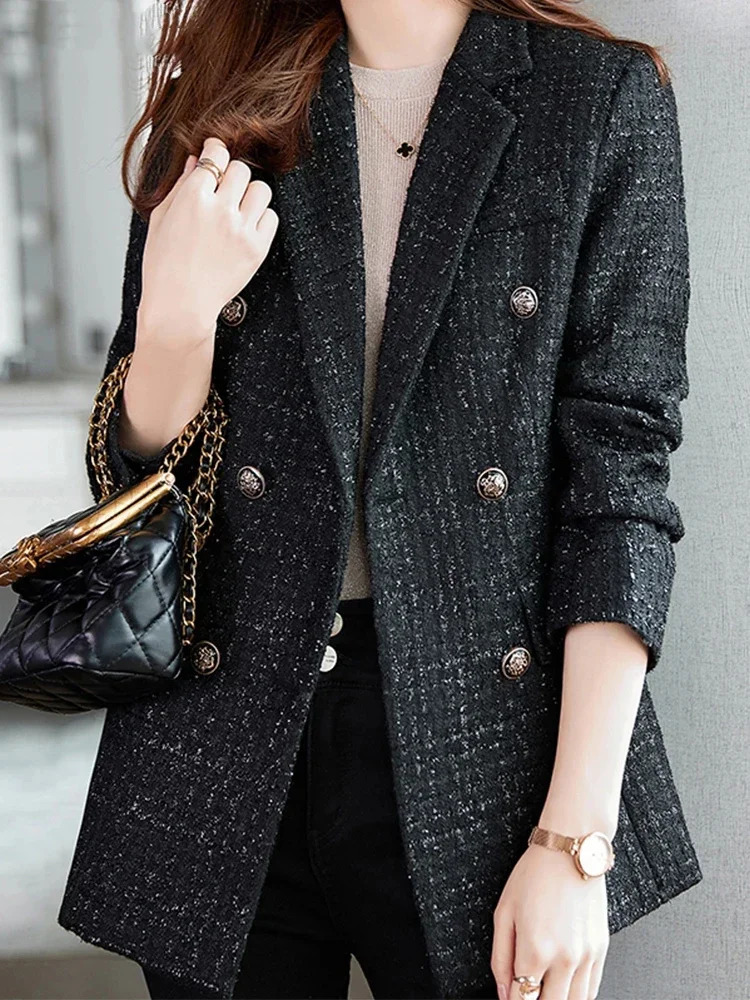 Womens Casual Long-Sleeved Elegant Double Breasted Navy Winter Tweed Blazer Y2K Thick Warm and Long Women Overcoat with Button 250709