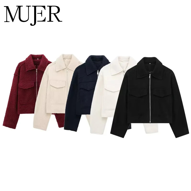 MUJER Cropped Bomber Jackets for Women White Black Tweed Jacket Woman Fall Zipper Oversize Jacket Women Long Sleeve Women Coats 250708