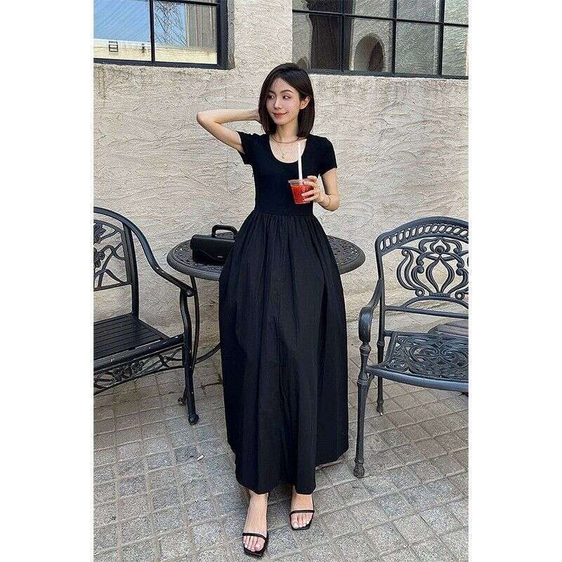 Hepburn Style Black Short Sleeve Summer New French High-End Waist-Cinching Slimming Over-Knee Long Dress B5