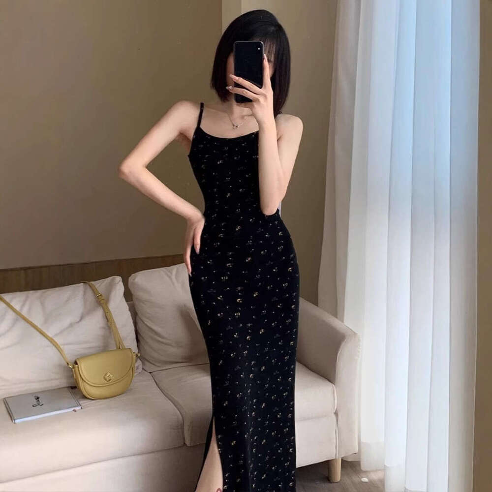 Black Floral Strap For Women Summer French Sweet Spicy Sexy Ruched Slit Bodycon Inner Long Dress B5