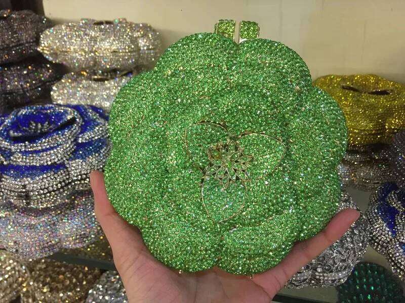 Rose Flower Pink/Green Rhinestones Clutches Women Floral Yellow Crystal Evening Bags Bridal Wedding Party Clutch Purse