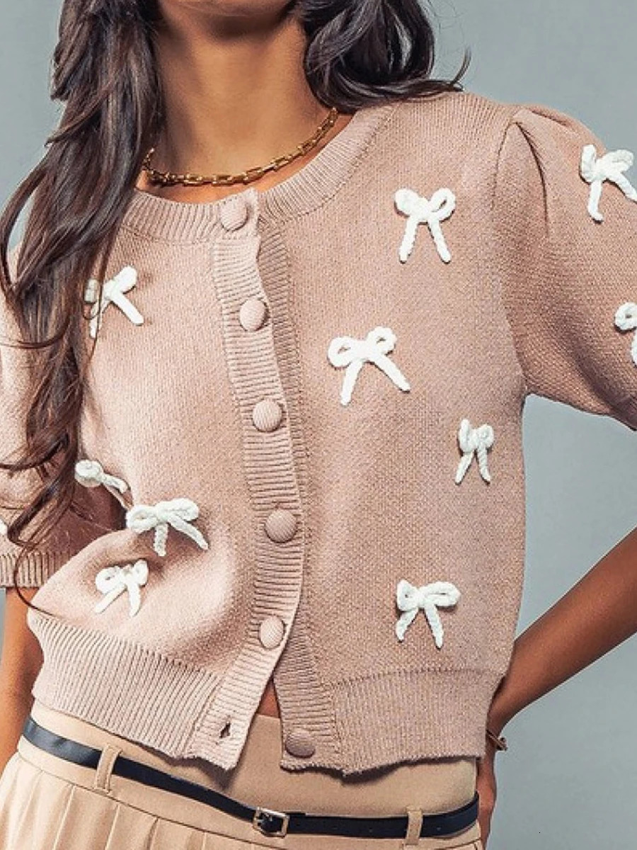 Ladies Fall Sweater Jacket with Half Sleeves Round Neckline Button Closure and 3D Bow Detail Knit Cardigan 250710