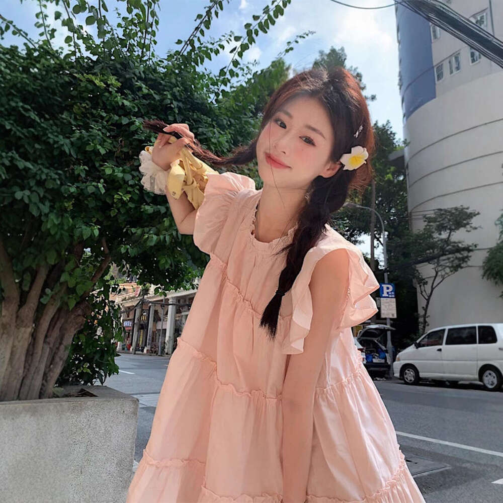 Sweet Gentle Pink Flutter Sleeve Women Summer New Loose Slimming A-Line Short Dress For Petite Figures B5