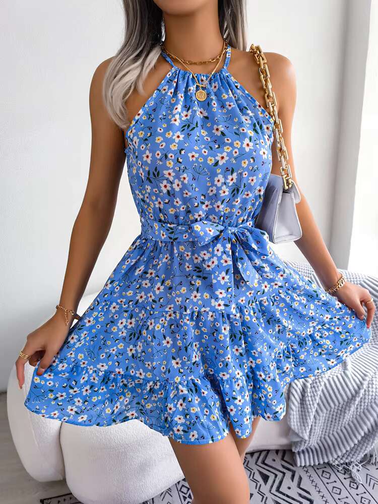 Summer Halter Floral Beach Short Dress,Women Clothing,Party Dresses,Sexy Costume Women,Sexy Towys For Women,Dress Women dongdumaoyi