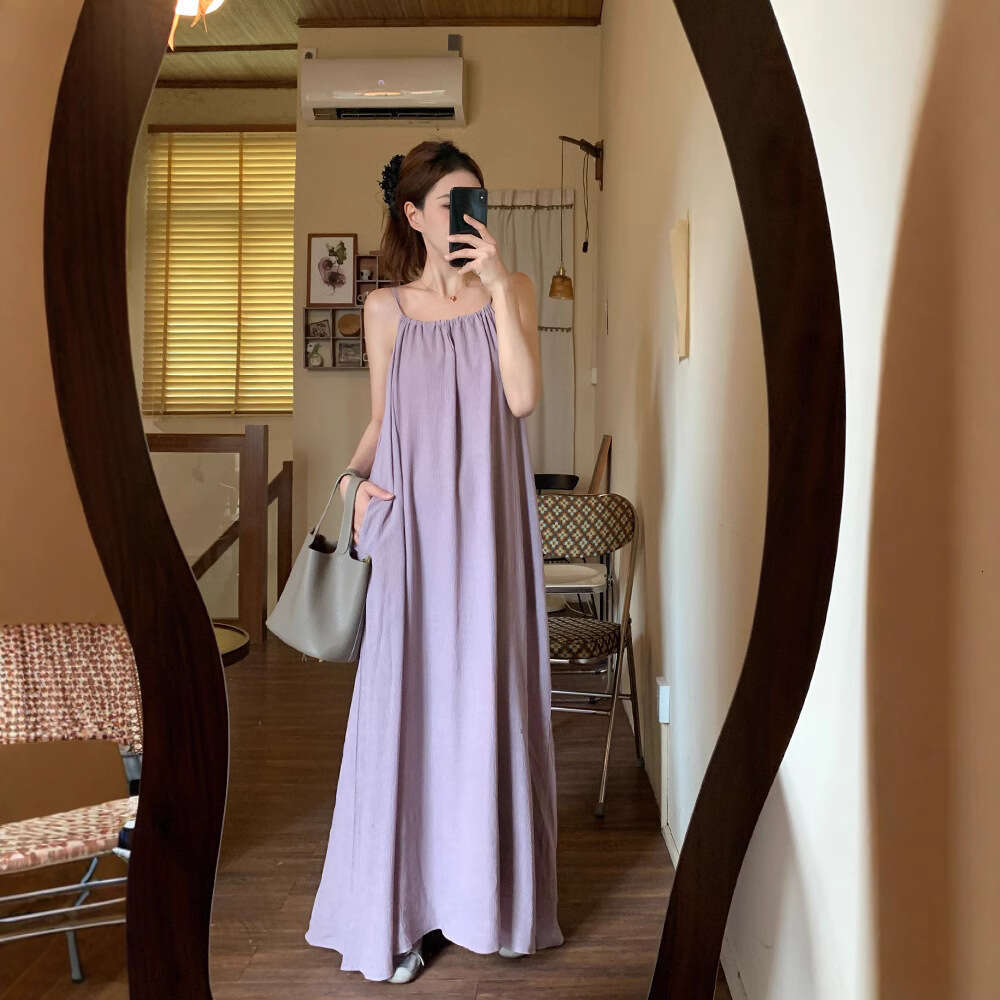French Style Spaghetti Strap For Women Spring Summer New Elegant Loose Slimming Vacation Sleeveless A-Line Long Dress B5