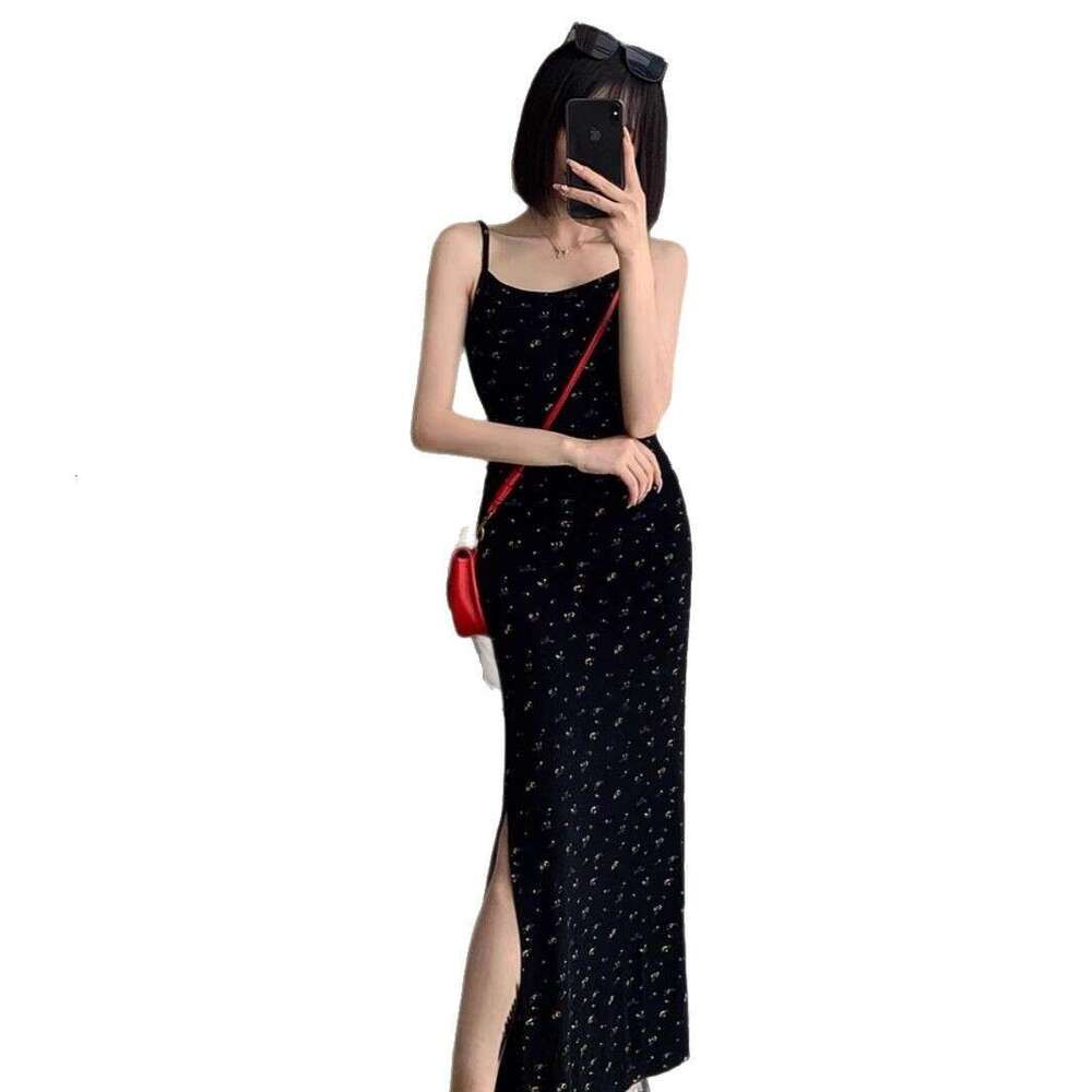 Black Floral Strap For Women Summer French Sweet Spicy Sexy Ruched Slit Bodycon Inner Long Dress B5
