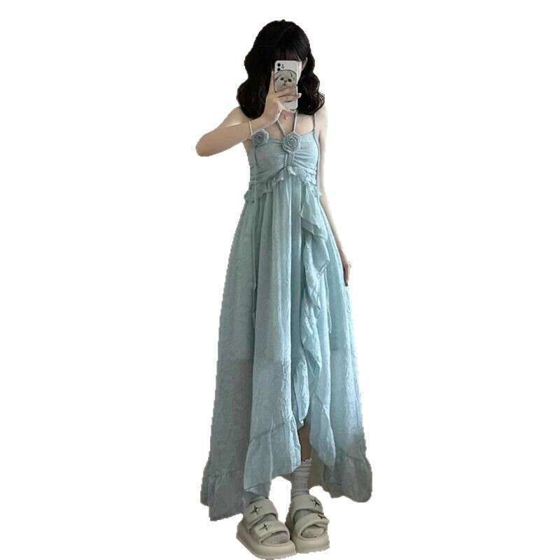 French Style Halter Neck Strap For Women Summer Vacation Beach Elegant Green Ruffle Long Dress B5
