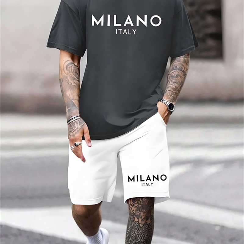Twopiece Milano Print Mens Set Summer Casual Everyday Shortsleeved Tshirt Outdoor Street Men Fashion Sports Shorts 250614