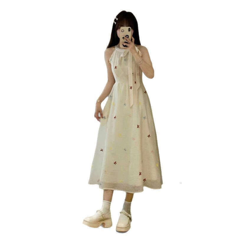 French Style Gentle First Love Halter Neck Strap For Women Summer New Full Set Waist Slimming Long Dress B5