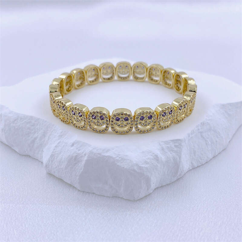 Personalized Hip-Hop Style Micro-Inlaid Smiley Face Elastic Copper Color Zircon Trendy Expression Bracelet for Couples