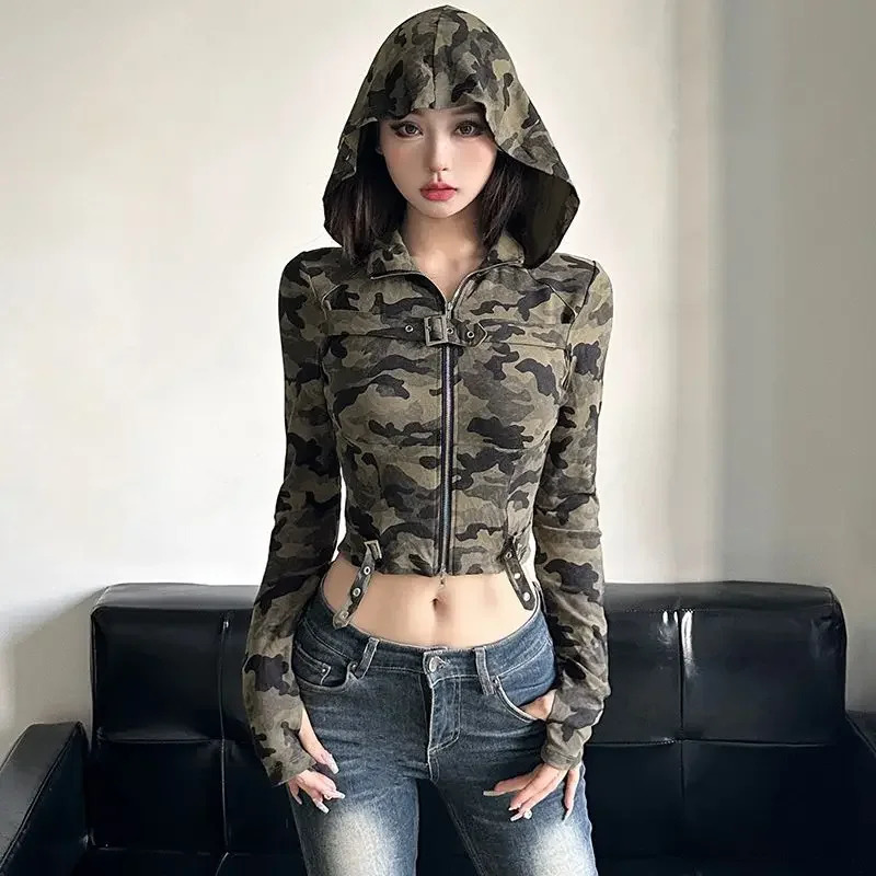 High Street Retro Camouflage Printed Splicing Hooded Cardigan Women Tops Spicy Girl Thin Long Sleeve Casual Short Coat 250708