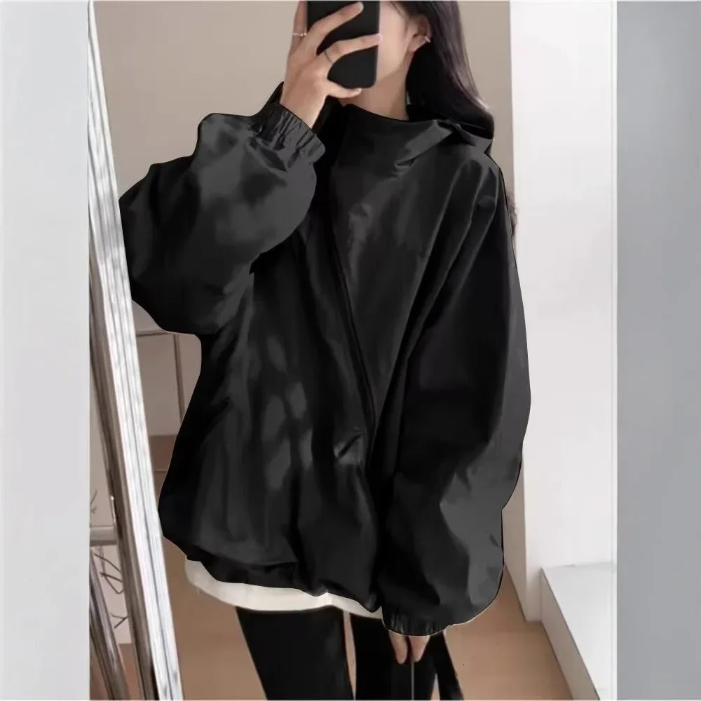 Korean Style Thin Windbreaker Jacket Womens Casual Workwear Coat with Hood Personalized Fashion Loose Fit Outerwear 250708