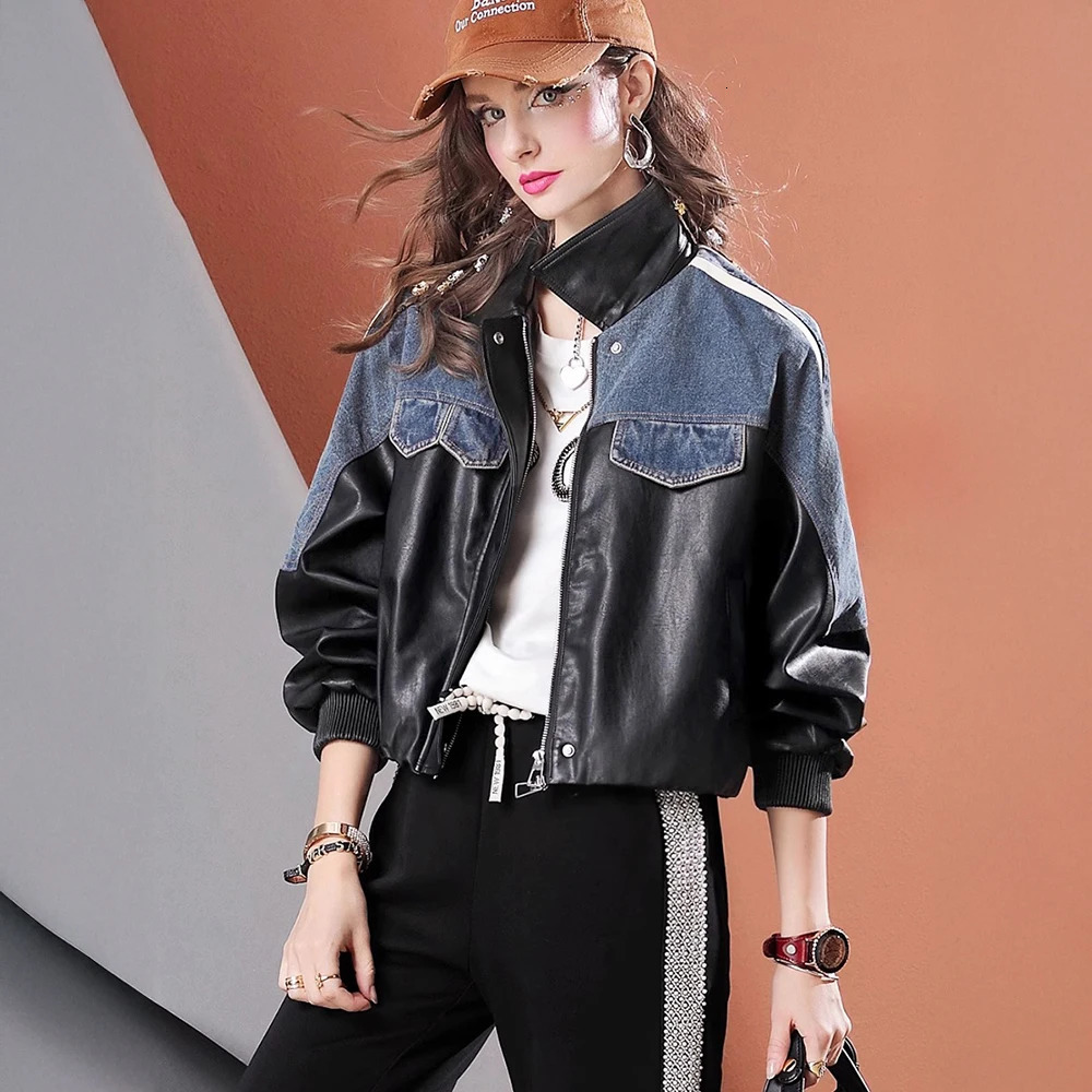 Autumn PU leather patchwork short loose long-sleeved womens denim jacket 250708