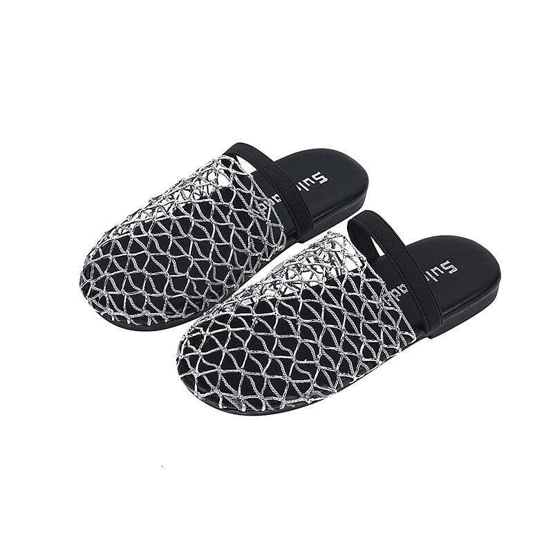 Niche Fishnet Woven Hollow Toe Half Slippers 2025 Summer New Girls Flat Outdoor Sandals