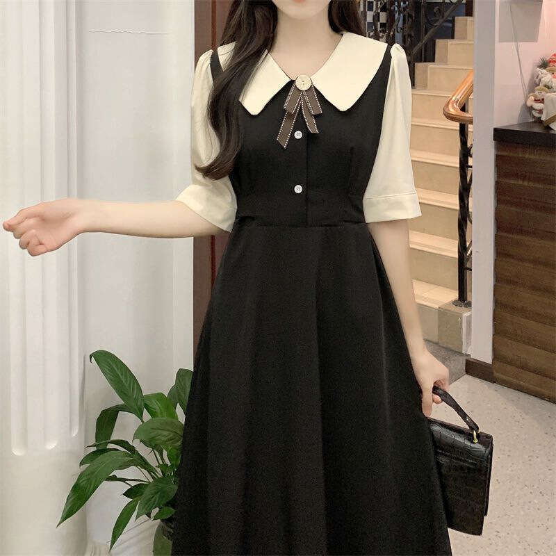 Hepburn Style Short Sleeve Black Fake Two-Piece For Women Summer New Waist-Cinching Slimming French Mid-Length Dress B5