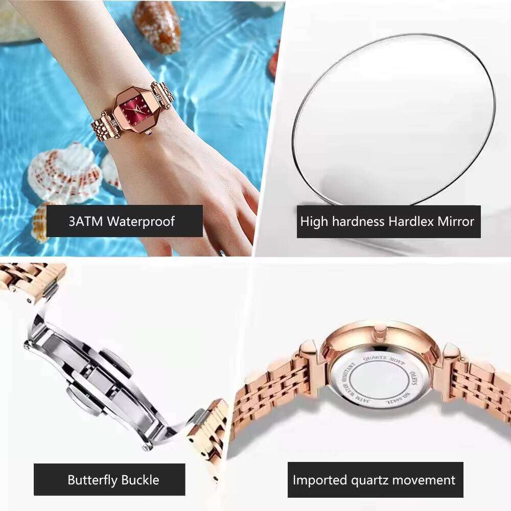 DHgargets Trendy Square Women's Watch - Waterproof 50M Small Green Quartz Wristwatch with Stainless Steel Band (Model 368)
