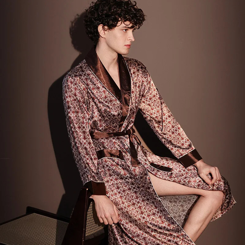 High Quality Nightrobes Men Summer Thin Bathrobe Large Size Ice Silk Printed Pajamas One-piece Robe Male Loungewear Gents Spring 250710