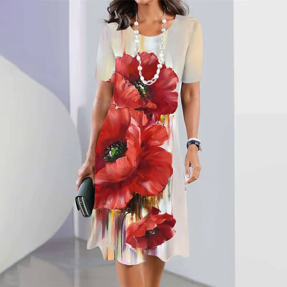 2024 New Spring Floral Printed Elegant Casual Short Sleeve Fashion Oversized Womens Dresses dongdumaoyi