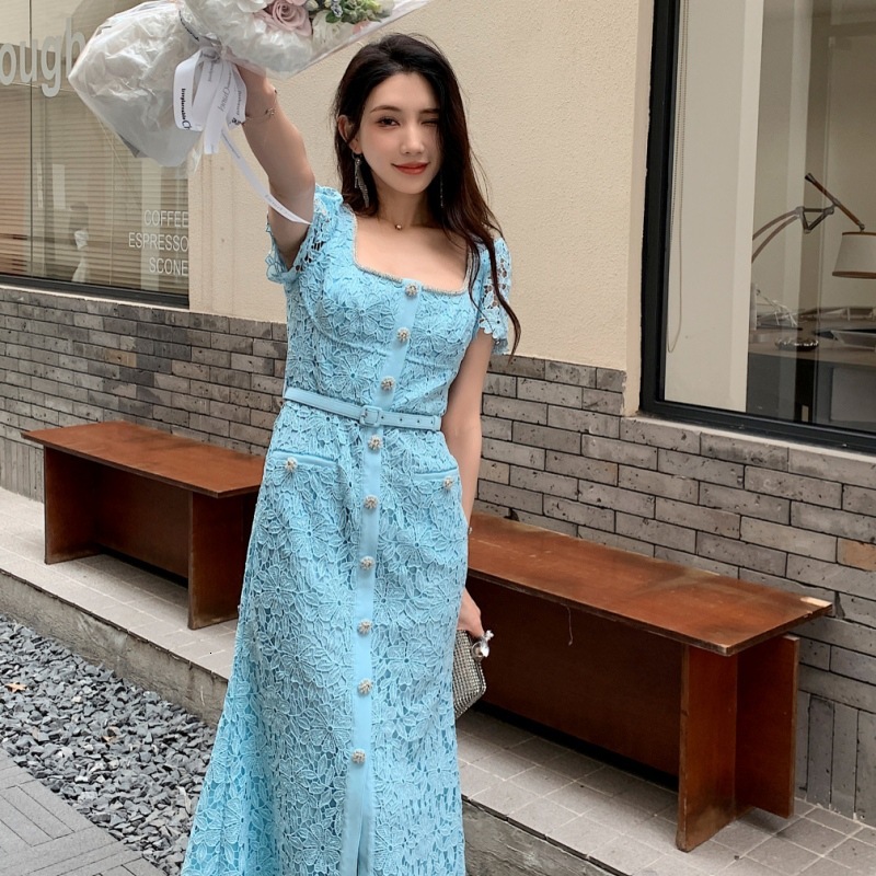 2025 New Women's Dress Summer New Women's Fashion Sexy Collar Heavy Lace Dress High Waist Slimming Short Sleeve Long Dress Blue Black New De