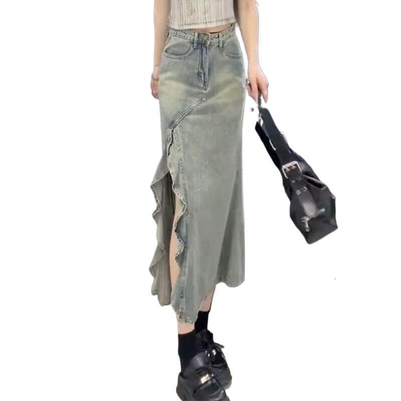 2025 New women's skirt high street irregular mermaid half skirt summer new high waist slim fit retro color A-line long skirt new designer skirt