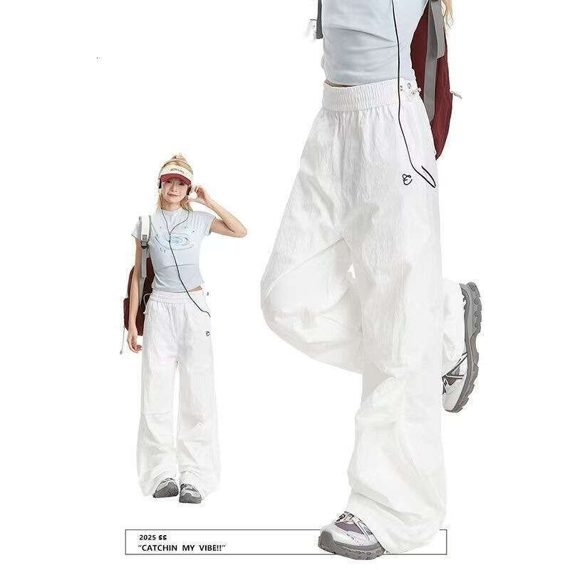 American Style White Cargo For Women Summer Embroidered Loose Casual Sports Quick-Dry Straight Leg Paratrooper Pants Trendy B5