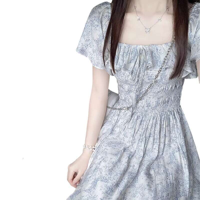Gentle Floral French For Women Summer New Waist Slimming Vacation Style Elegant Square Neck Long Dress B5