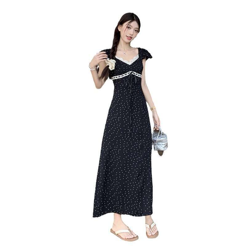 Polka Dot Black A-Line Women's Summer Design Slim Fit Elegant Umbrella French Style Long Dress Women B5