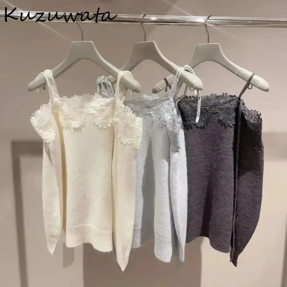 Kuzuwata Sweet Slash Neck Long Sleeve Pullover Knit Laces Patchwork Knitted Japan Embroider Off Shoulder Wool Sweaters 250708