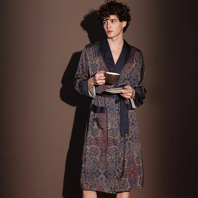High Quality Satin Pajamas Suit Male Summer Mens Bathrobes Ice Silk Thin Sleepwear Male Long Sleeve Robes Four Seasons Yukata 250710