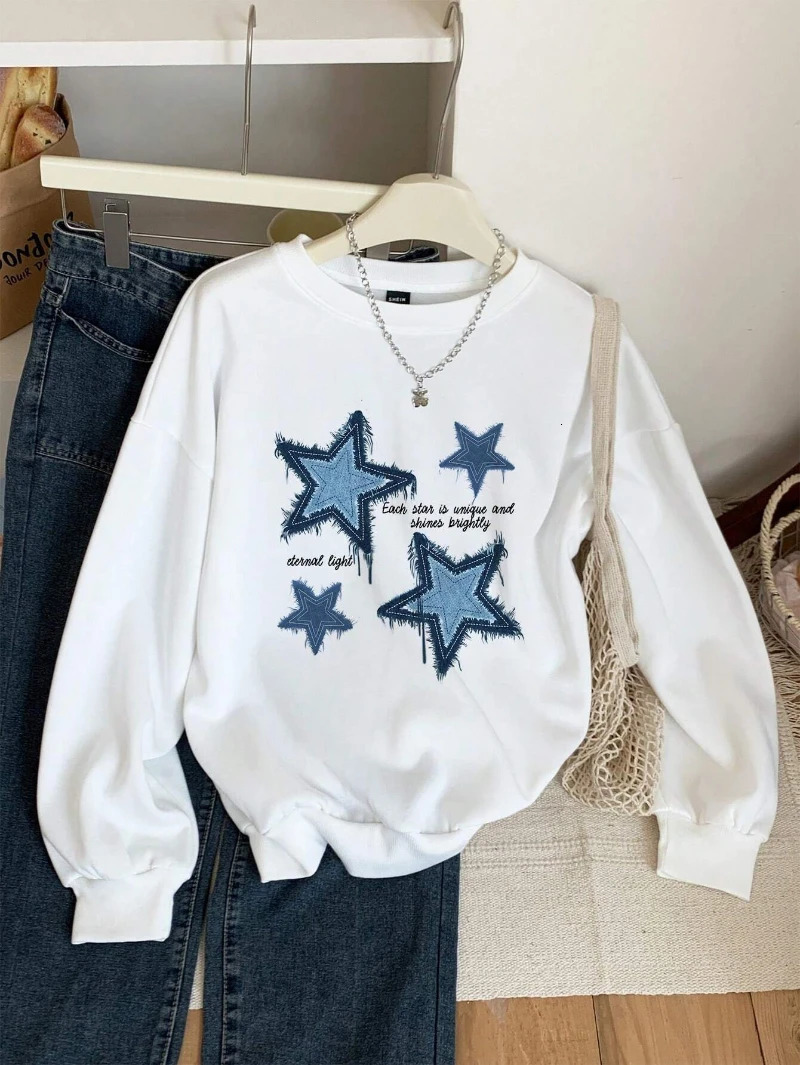 Street Women Sweatshirts Denim Prints Star Graphic Pullover Fashion Loose Crewneck Hoodie Warm Fleece Female Clothes 250707
