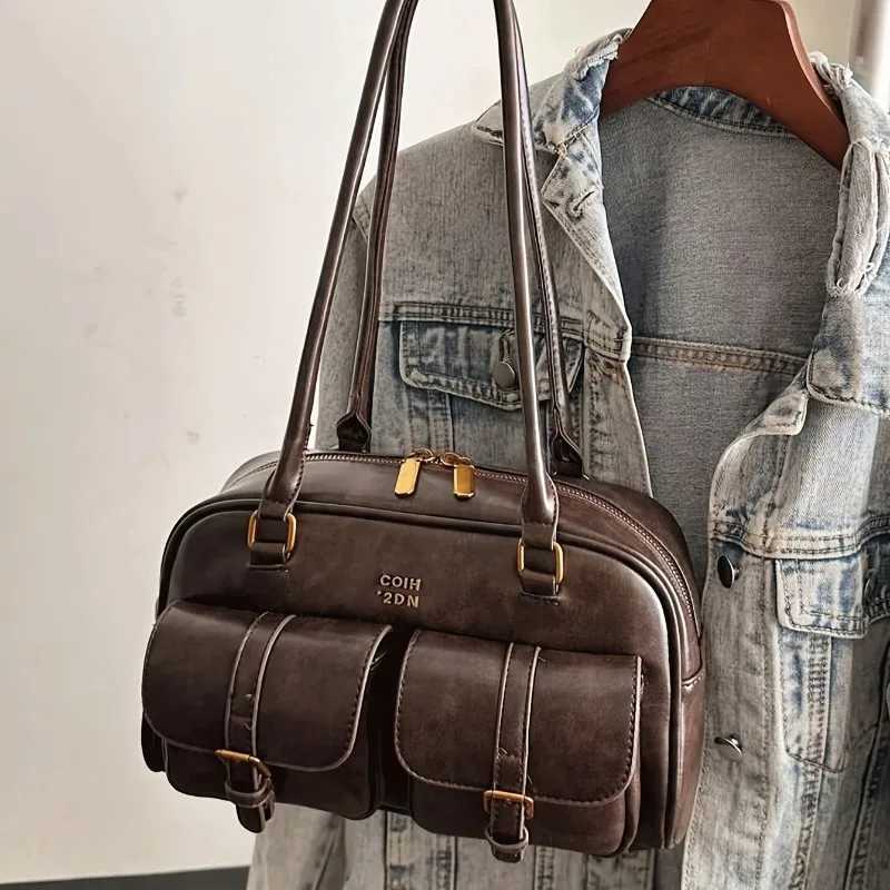 100% Cotton Brown Mti-Pocket Handbag Shoulder Bag Stylish Versatile Letter Crossbody Purse for Travel Work Shopping Dates Y250718