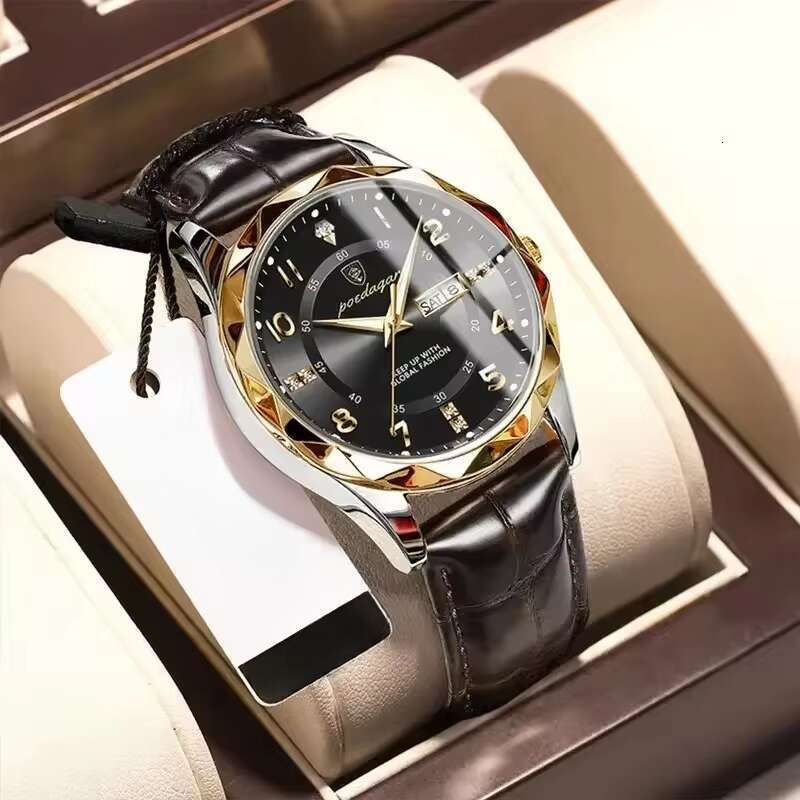 DHwatches Men's Leather Strap Watch - Waterproof 50M Luminous Quartz Wristwatch with Day & Date (Model 858 Leather)