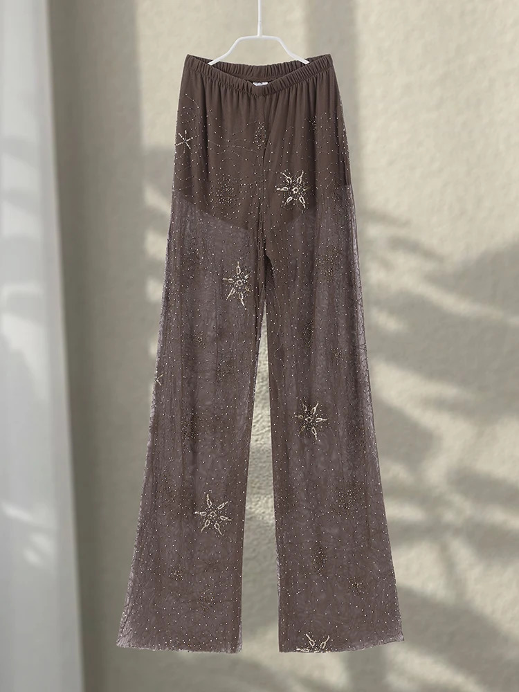 Sexy Beading Brown Women Pants Street See Through Elastic Waist Wide Leg Party Trousers Fashion Lady Loose Shinny Trousers 250710