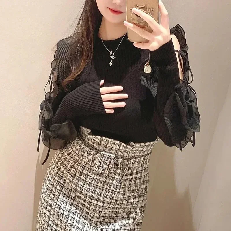 Kuzuwata Sweet Fairy Ruffled Lace Up Off Shoulder Pull Femme Slim Knit Patchwork Sweaters 205 JAPAN Autumn Winer Jumpers 250708
