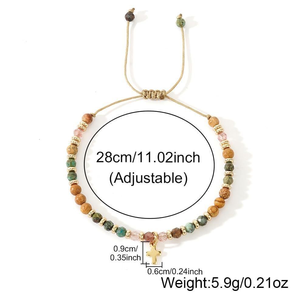 Colorful Natural Stone Bracelet with Turquoise and Gold Spacer Alloy Pendant Wax Thread Braided Bracelet Cross Half Bracelet 240723