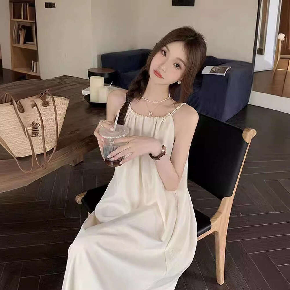 French Style Spaghetti Strap Fairy Summer Sweet Fresh White Beach A-Line Loose Sleeveless Long Dress B5