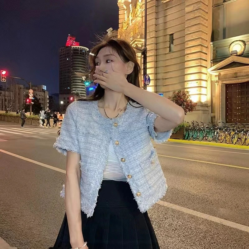 Fashion Tweed Jacket Women Spring Vintage Elegant Coat Single Breasted Blazer Ladies All Match Chic Short Outerwear Tops 250709