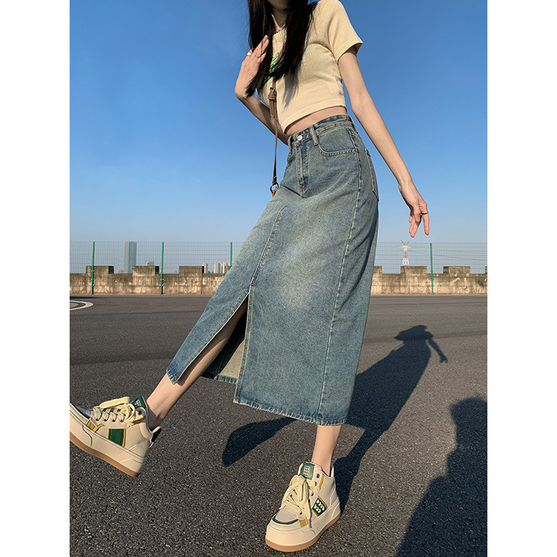 2025 New women's skirt new high waisted split denim skirt women's new summer A-line skirt tight fitting skirt long skirt fashionable new des